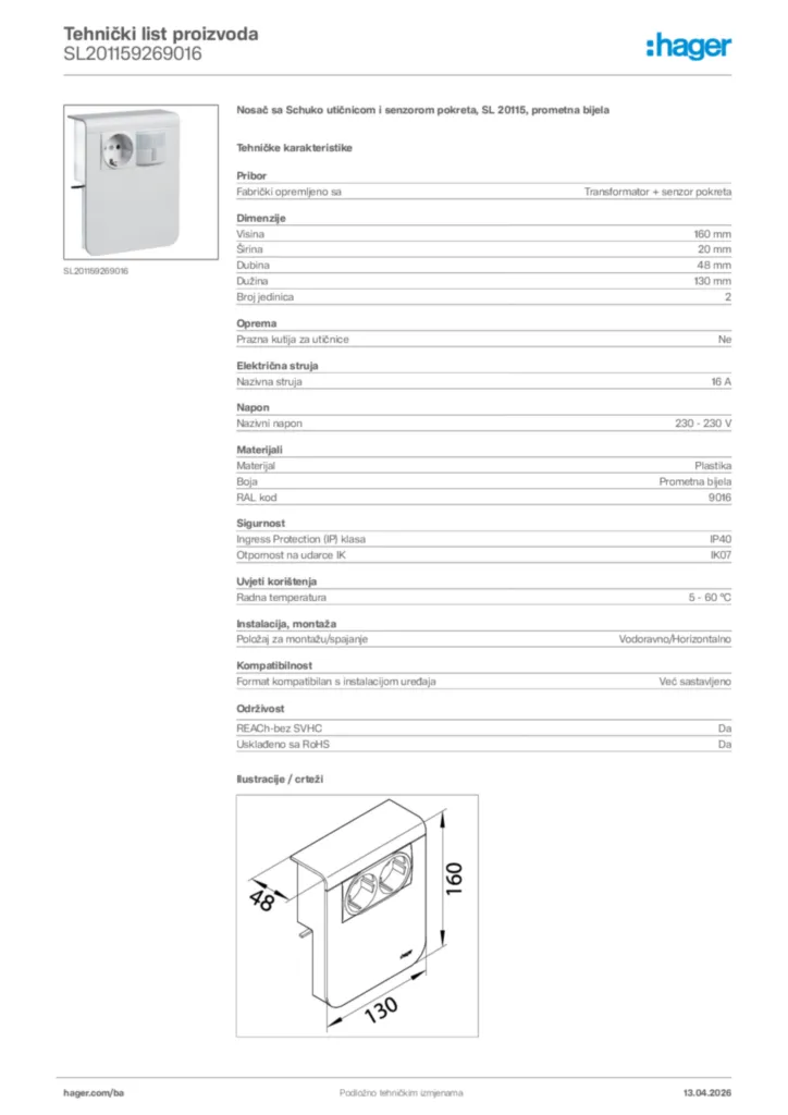 Slika Hager Tehnički list proizvoda SL201159269016  | Hager