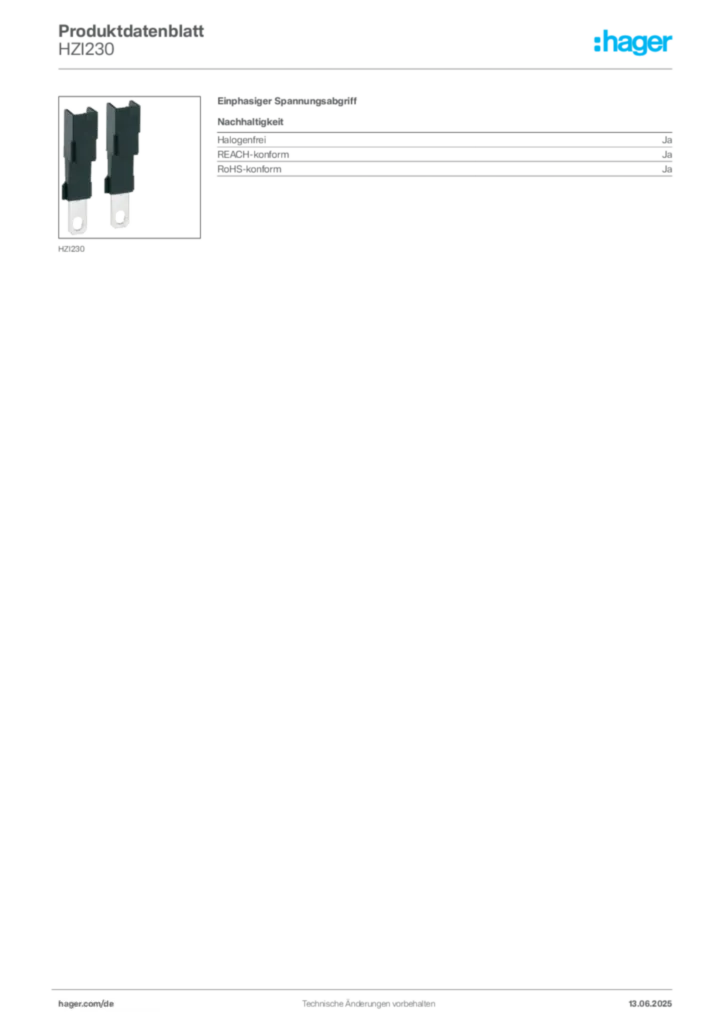 Bild Hager Produktdatenblatt HZI230 | Hager Deutschland