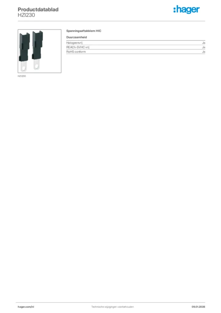 Afbeelding Hager Productdatablad HZI230 | Hager Nederland