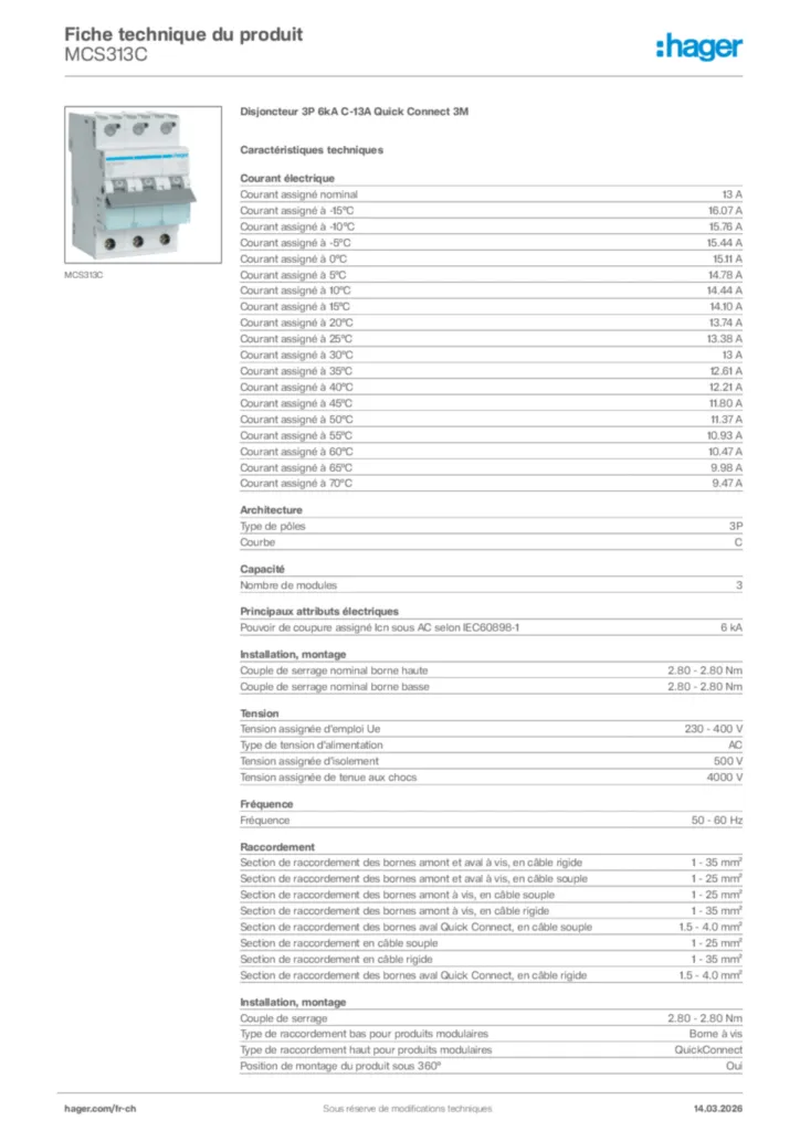 Image Hager Fiche technique du produit MCS313C | Hager Suisse