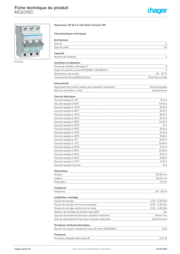 Image Hager Fiche technique du produit MCS313C | Hager Suisse