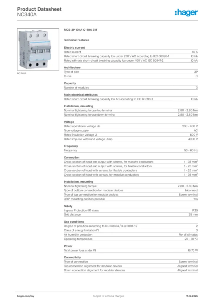 Image Hager Product data sheet NC340A  | Hager