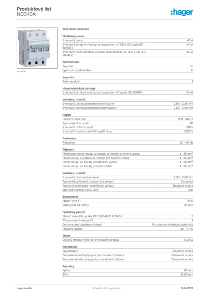 Obrázek Hager Product data sheet NC340A | Hager