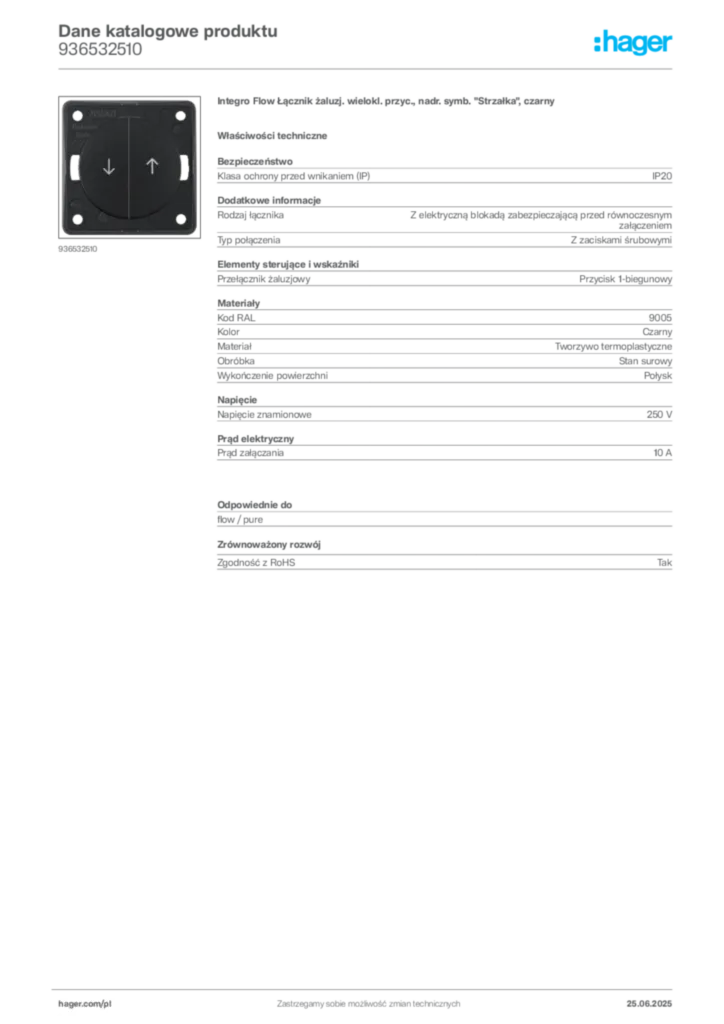 Zdjęcie Hager Karta katalogowa 936532510 | Hager Polska