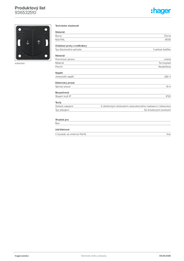Obrázek Hager Produktový list 936532510 | Hager