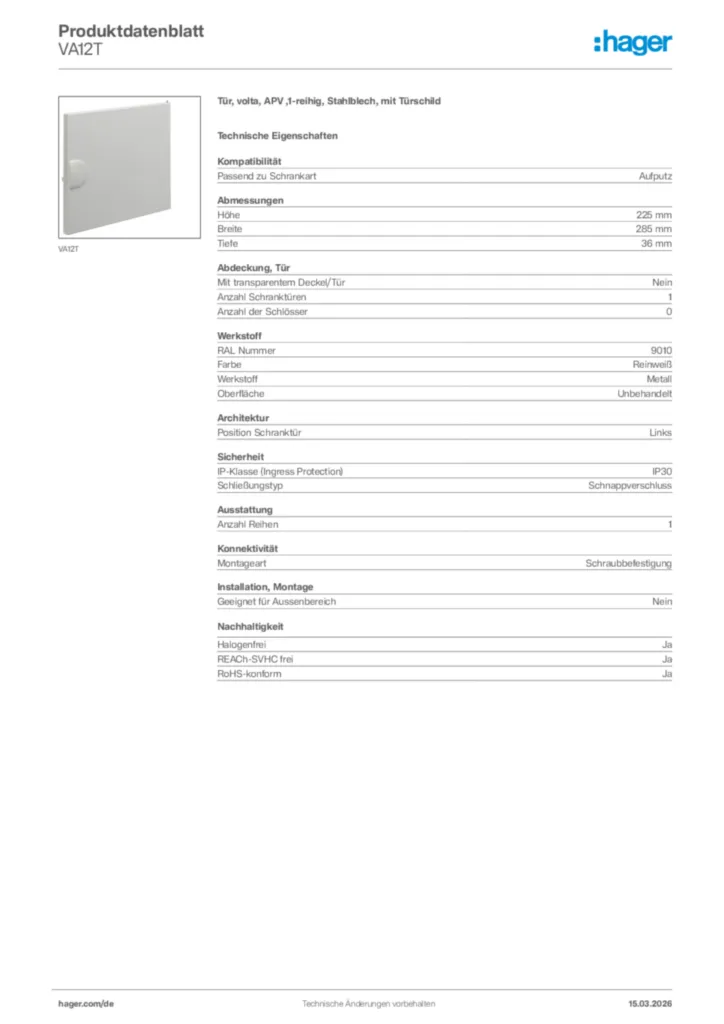 Bild Hager Produktdatenblatt VA12T | Hager Deutschland