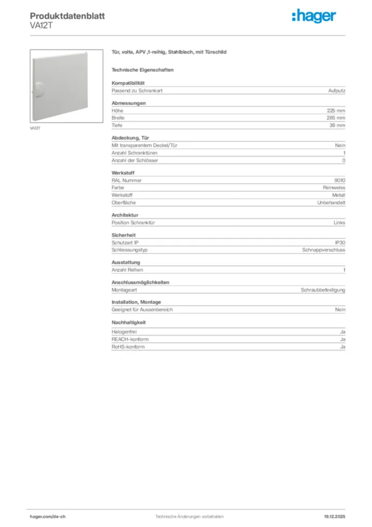 Bild Hager Produktdatenblatt VA12T | Hager Schweiz