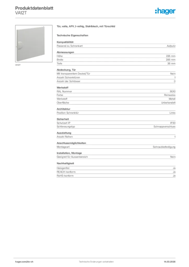 Bild Hager Produktdatenblatt VA12T | Hager Schweiz