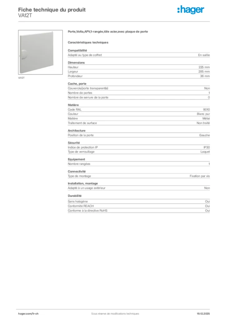 Image Hager Fiche technique du produit VA12T | Hager Suisse