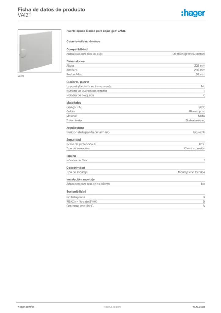 Imagen Hager Ficha de datos de producto VA12T | Hager España