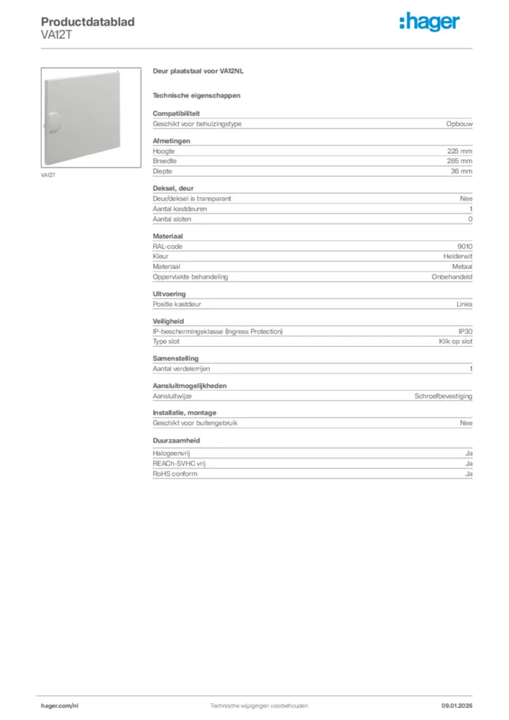 Afbeelding Hager Productdatablad VA12T | Hager Nederland