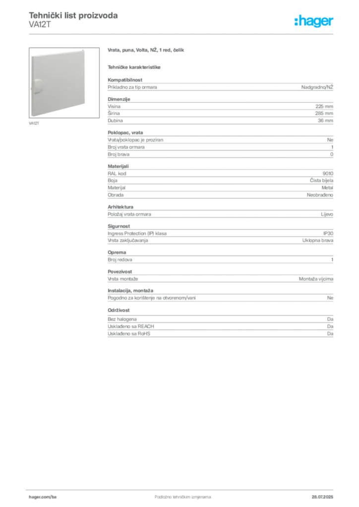 Slika Hager Product data sheet VA12T  | Hager