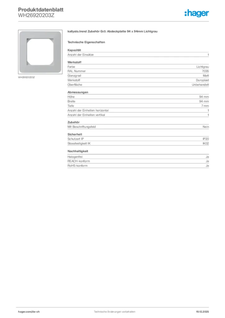 Bild Hager Produktdatenblatt WH26920203Z | Hager Schweiz