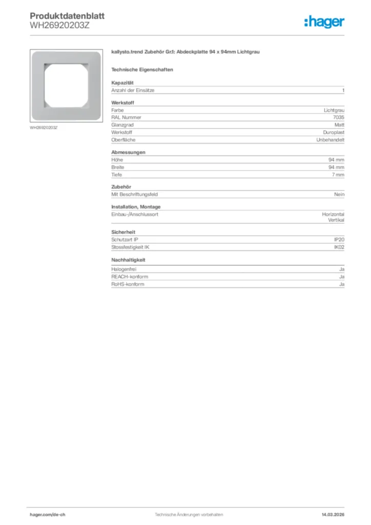 Bild Hager Produktdatenblatt WH26920203Z | Hager Schweiz