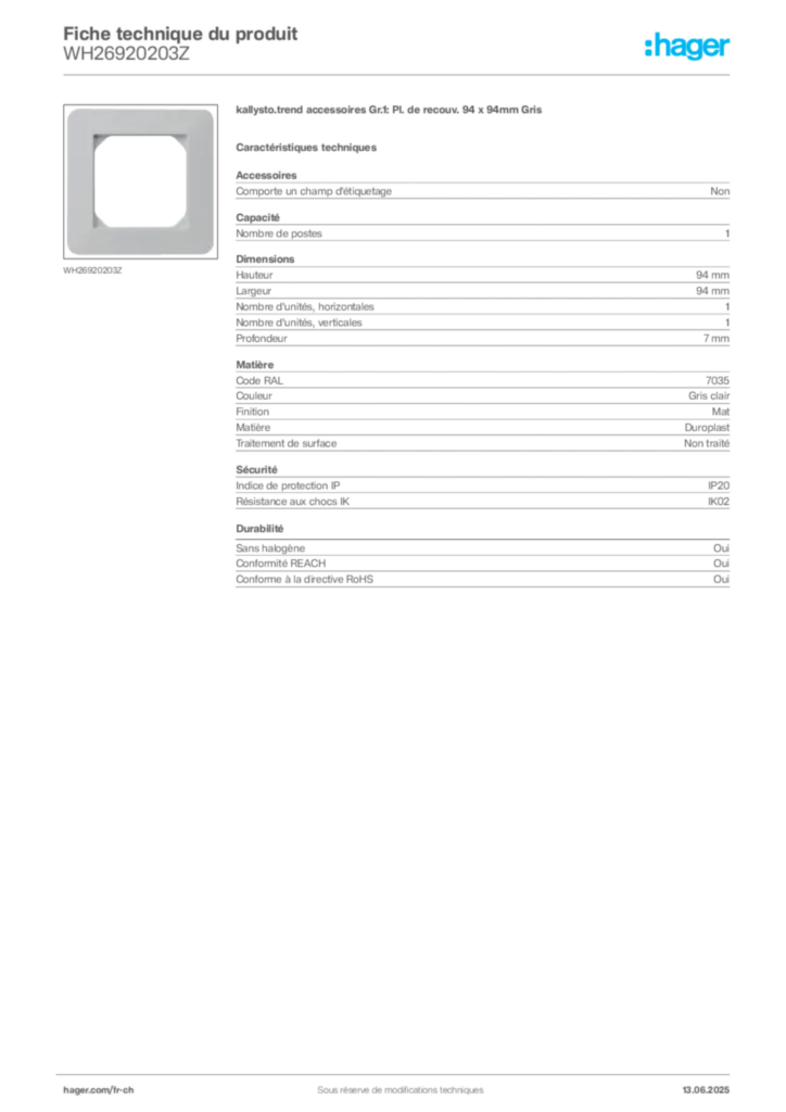 Image Hager Fiche technique du produit WH26920203Z | Hager Suisse