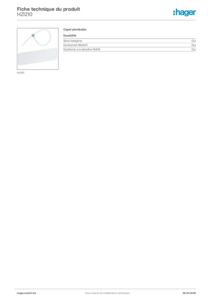 Image Hager Fiche technique du produit HZI210 | Hager Belgique