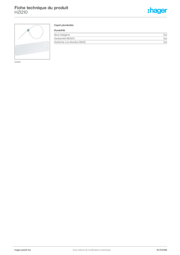 Image Hager Fiche technique du produit HZI210 | Hager Belgique