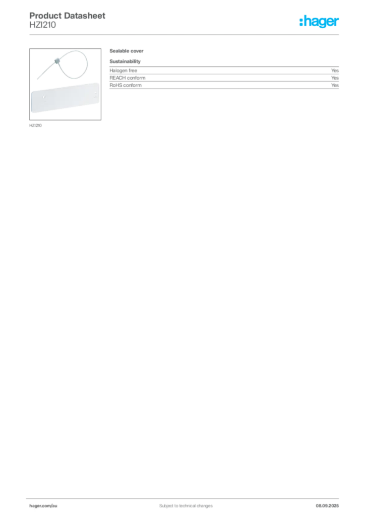Image Hager Product data sheet HZI210  | Hager Australia