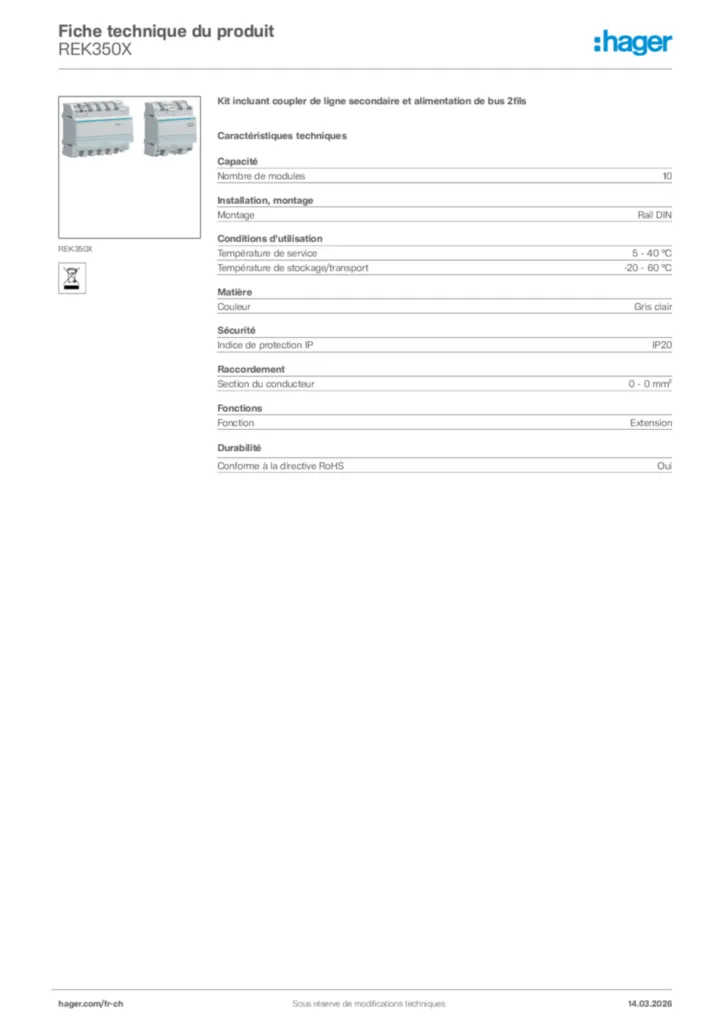 Image Hager Fiche technique du produit REK350X | Hager Suisse