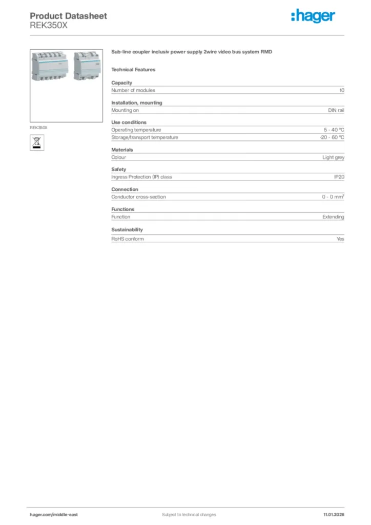 Image Hager Product data sheet REK350X  | Hager