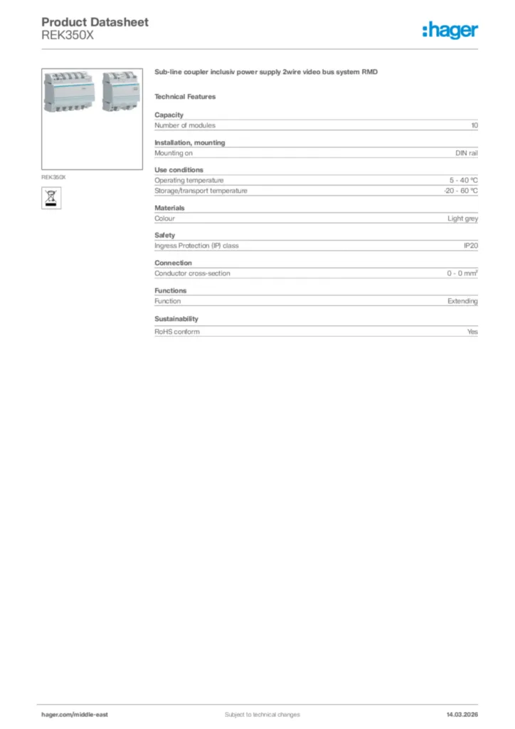 Image Hager Product data sheet REK350X  | Hager