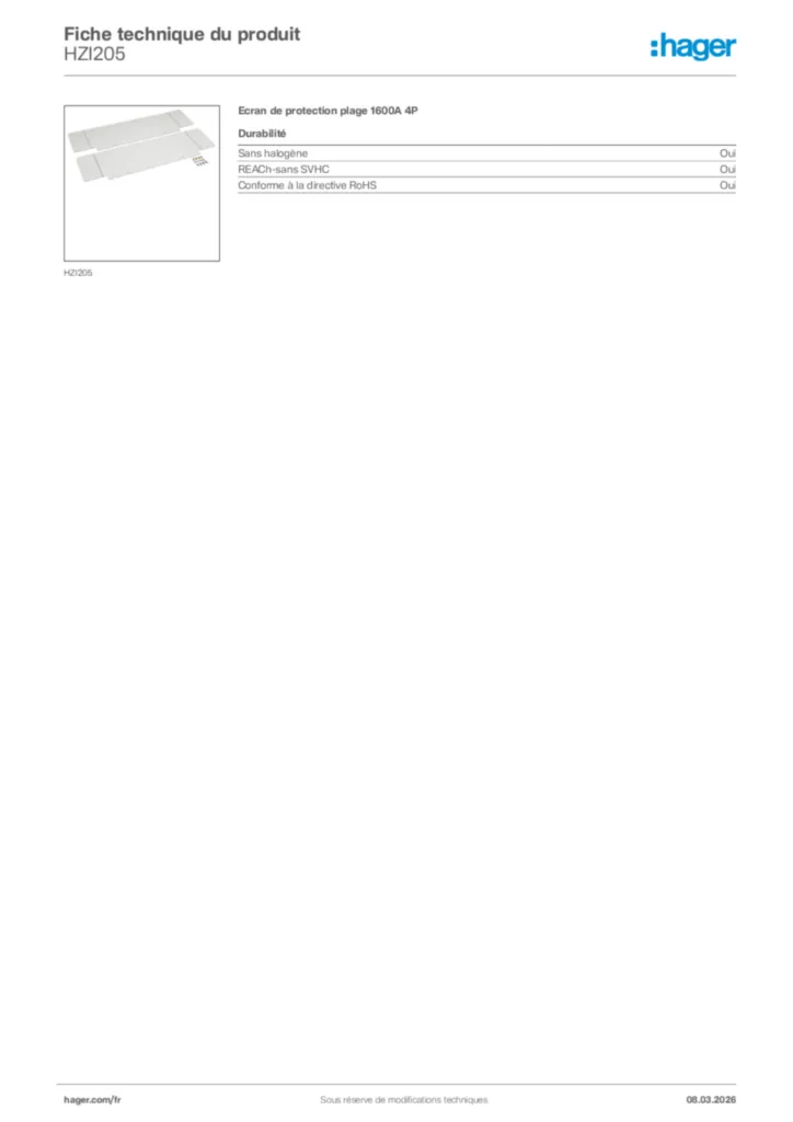 Image Hager Fiche technique du produit HZI205 | Hager France