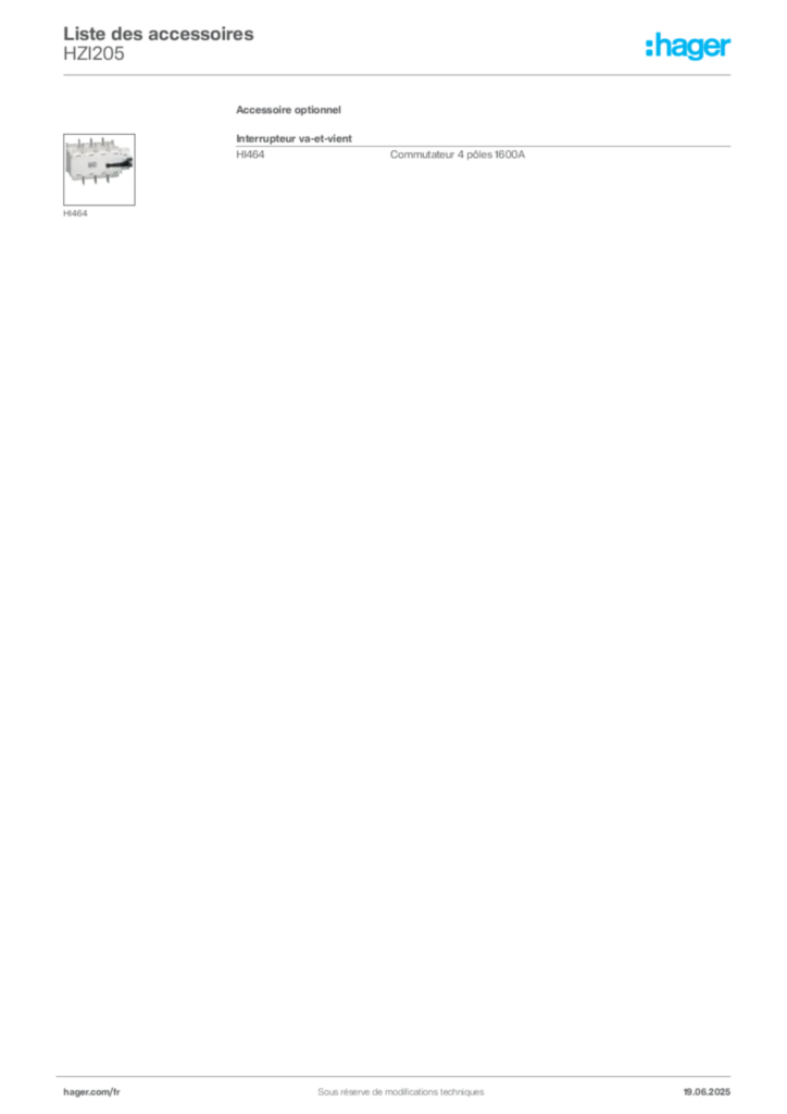 Image Hager Fiche technique du produit HZI205 | Hager France