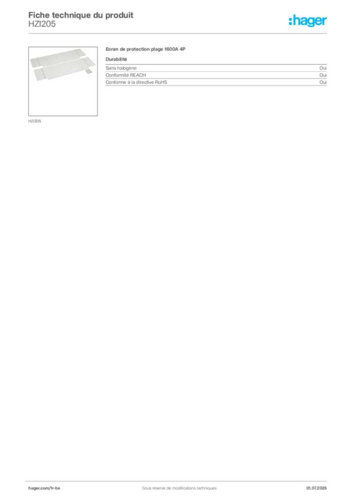 Image Hager Fiche technique du produit HZI205 | Hager Belgique