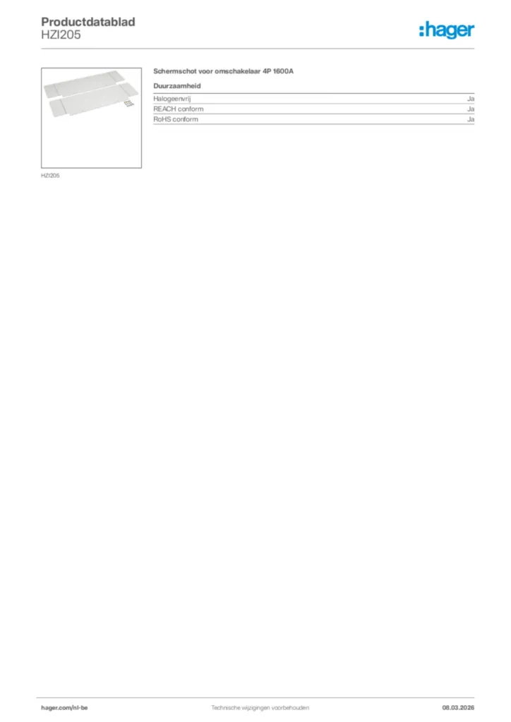 Afbeelding Hager Productdatablad HZI205 | Hager Belgium