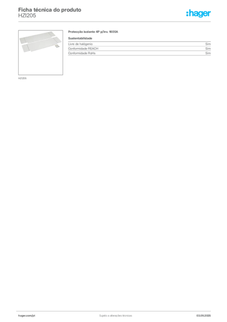 Imagem Hager Ficha técnica do produto HZI205 | Hager Portugal