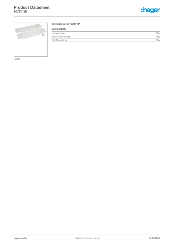 Image Hager Product data sheet HZI205  | Hager Australia