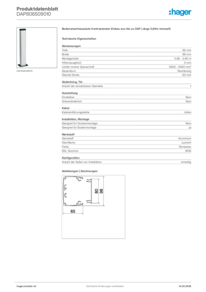 Bild Hager Produktdatenblatt DAP806509010 | Hager Schweiz