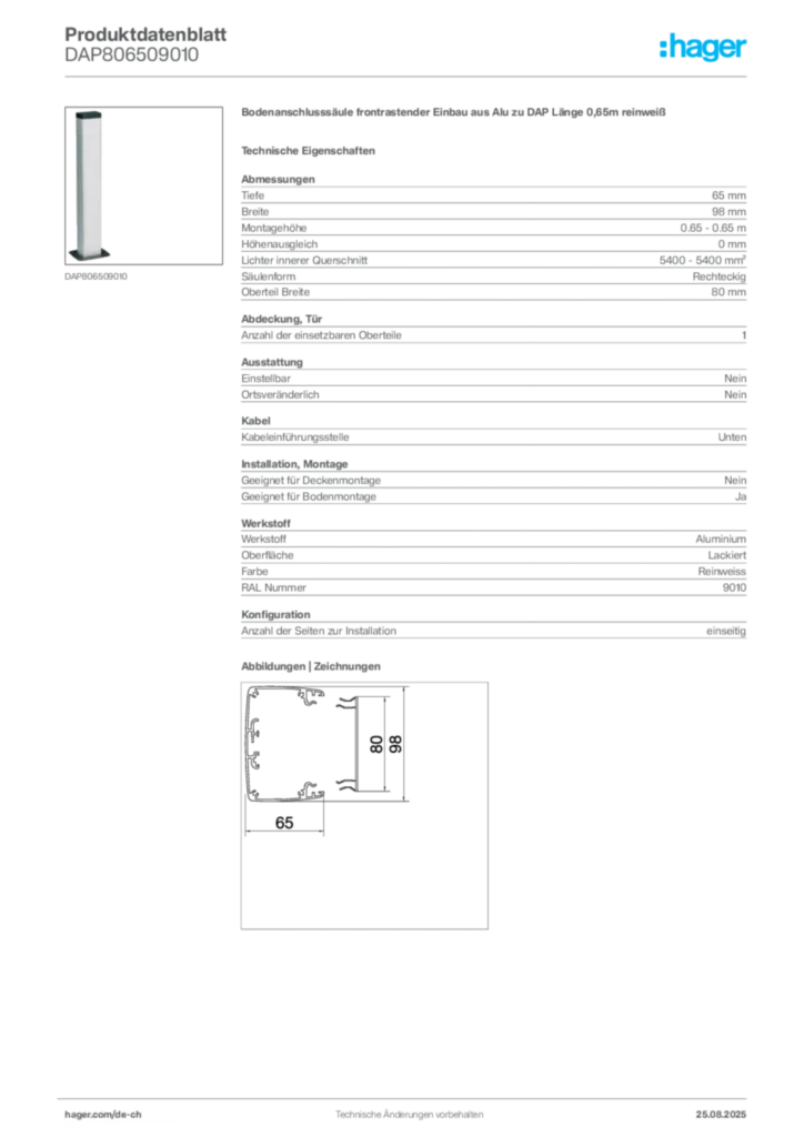 Bild Hager Produktdatenblatt DAP806509010 | Hager Schweiz