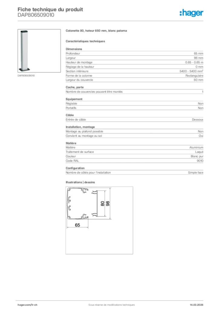Image Hager Fiche technique du produit DAP806509010 | Hager Suisse