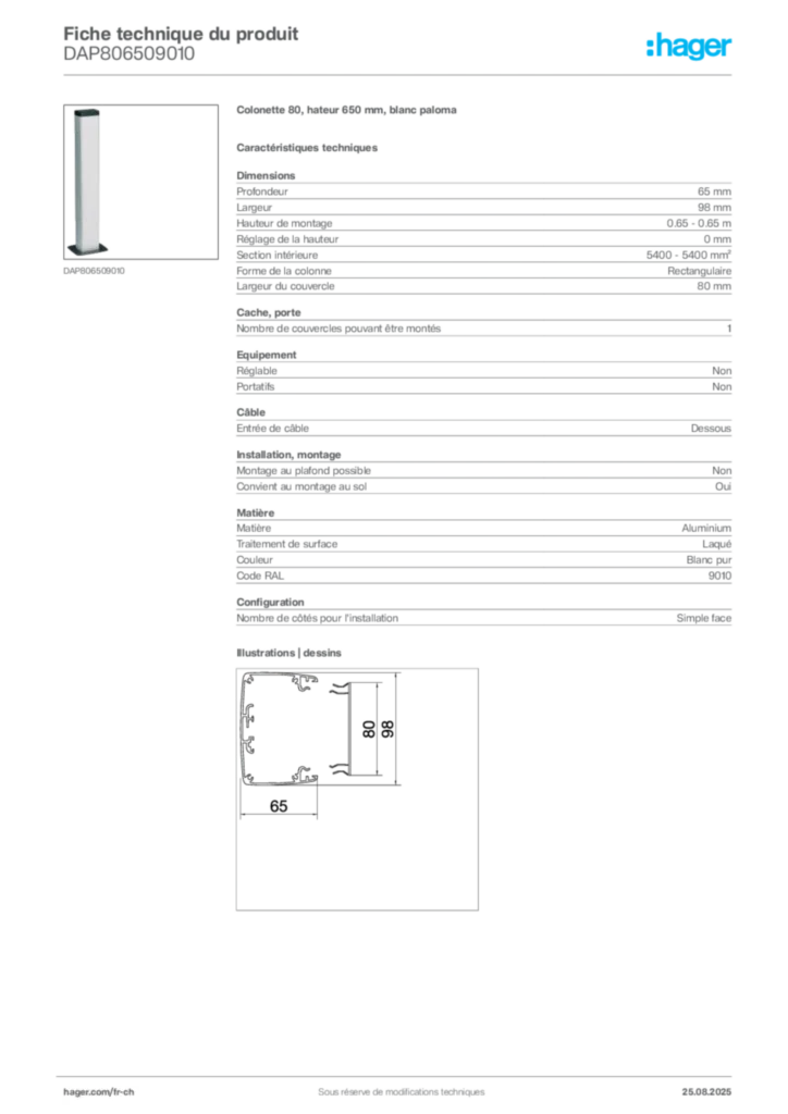 Image Hager Fiche technique du produit DAP806509010 | Hager Suisse