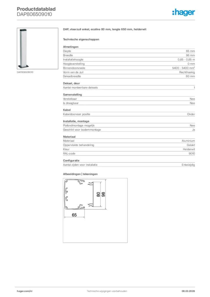 Afbeelding Hager Productdatablad DAP806509010 | Hager Nederland
