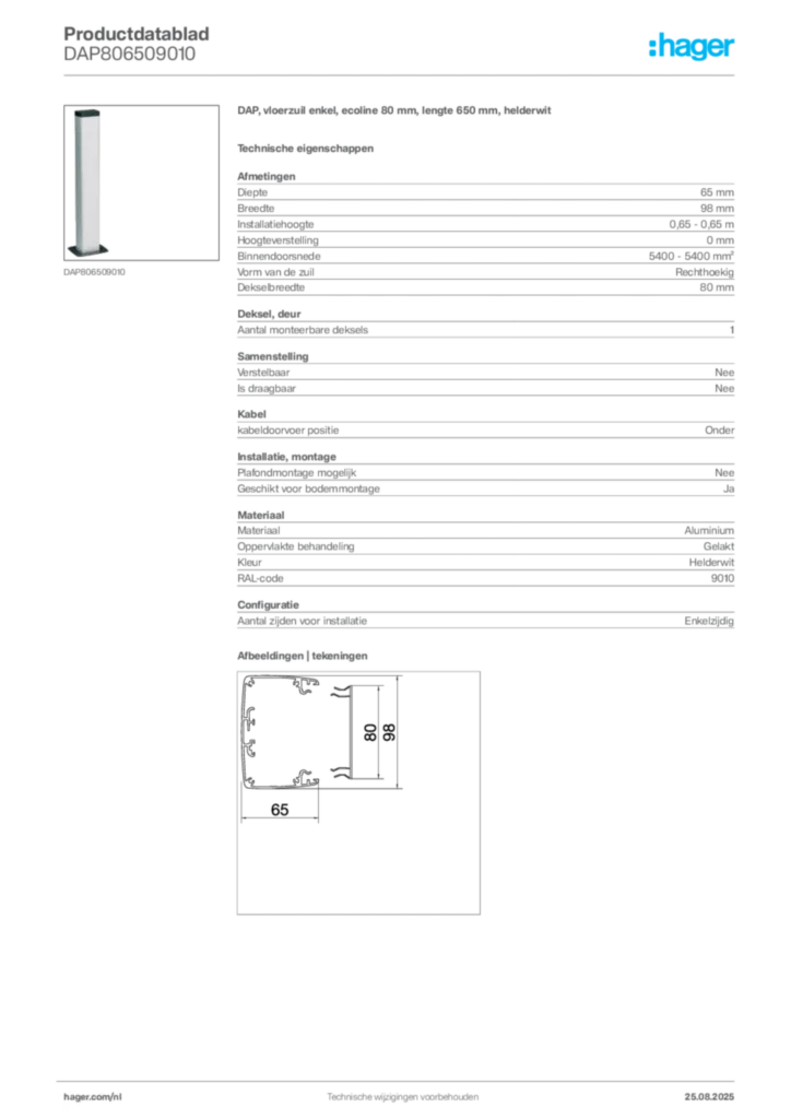 Afbeelding Hager Productdatablad DAP806509010 | Hager Nederland
