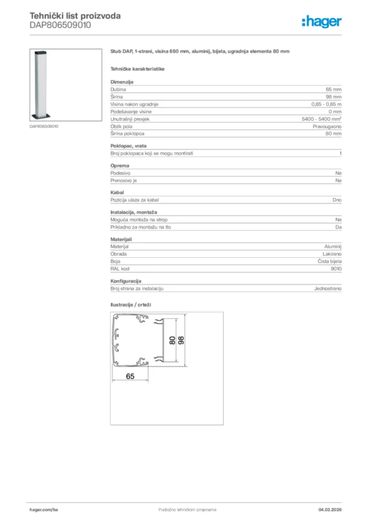 Slika Hager Tehnički list proizvoda DAP806509010  | Hager