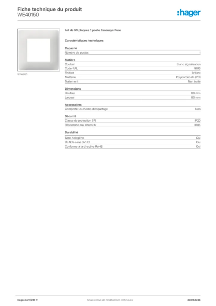 Image Hager Fiche technique du produit WE40150 | Hager Afrique