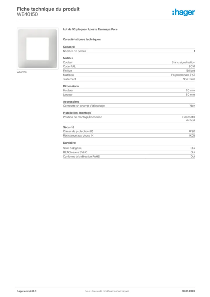 Image Hager Fiche technique du produit WE40150 | Hager Afrique