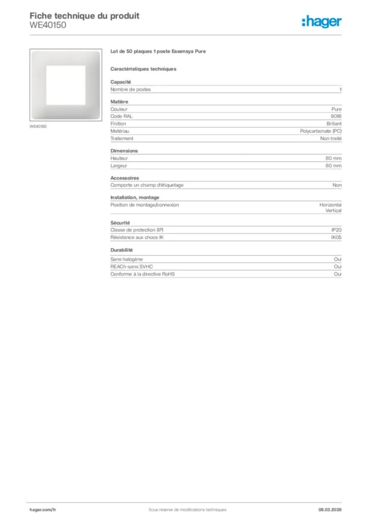 Image Hager Fiche technique du produit WE40150 | Hager France