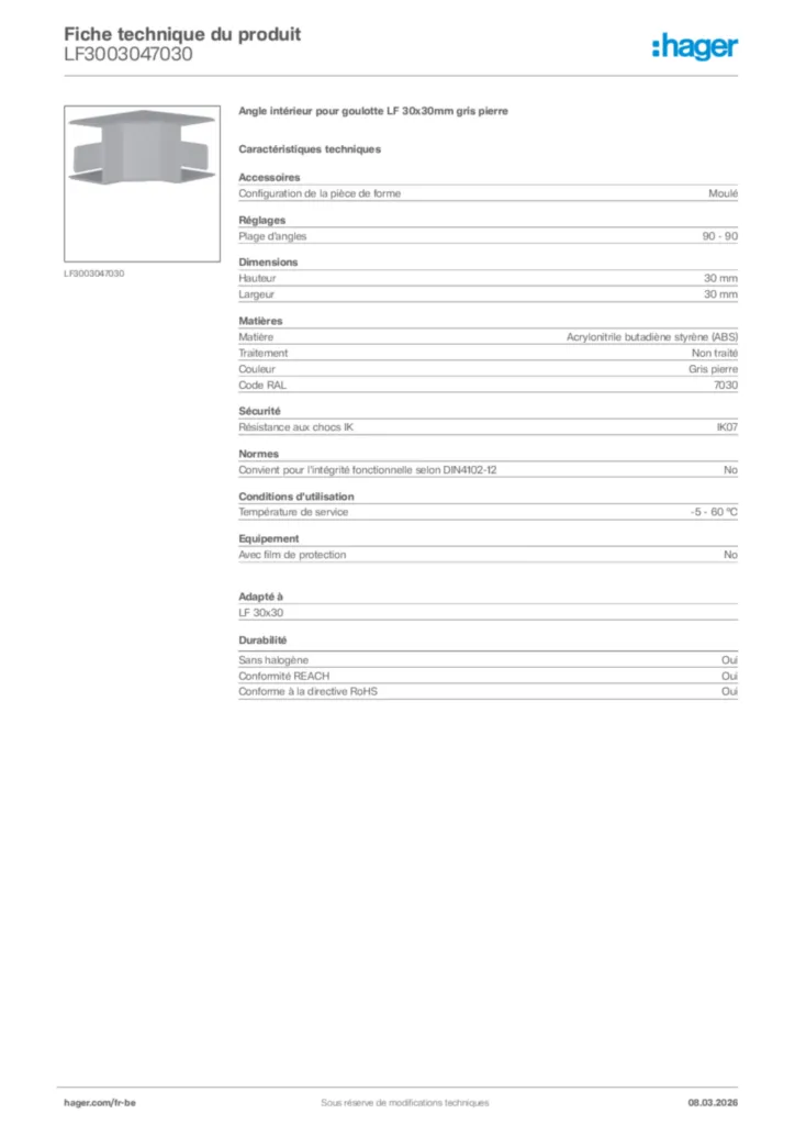 Image Hager Fiche technique du produit LF3003047030 | Hager Belgique