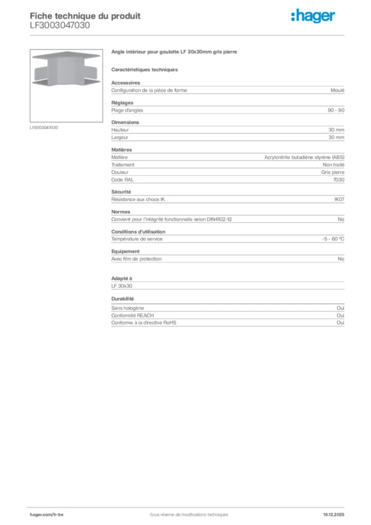Image Hager Fiche technique du produit LF3003047030 | Hager Belgique