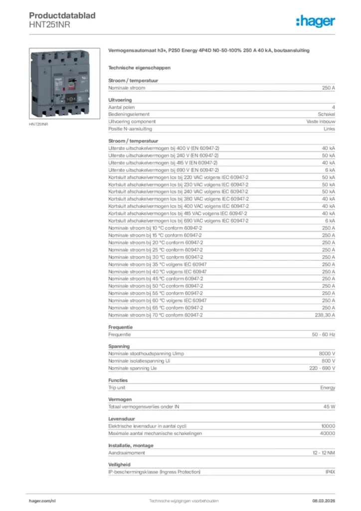 Afbeelding Hager Productdatablad HNT251NR | Hager Nederland