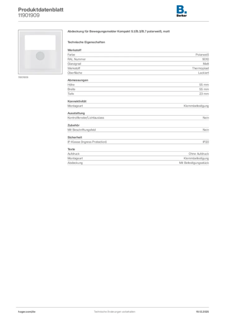 Bild Berker Produktdatenblatt 11901909 | Hager Deutschland