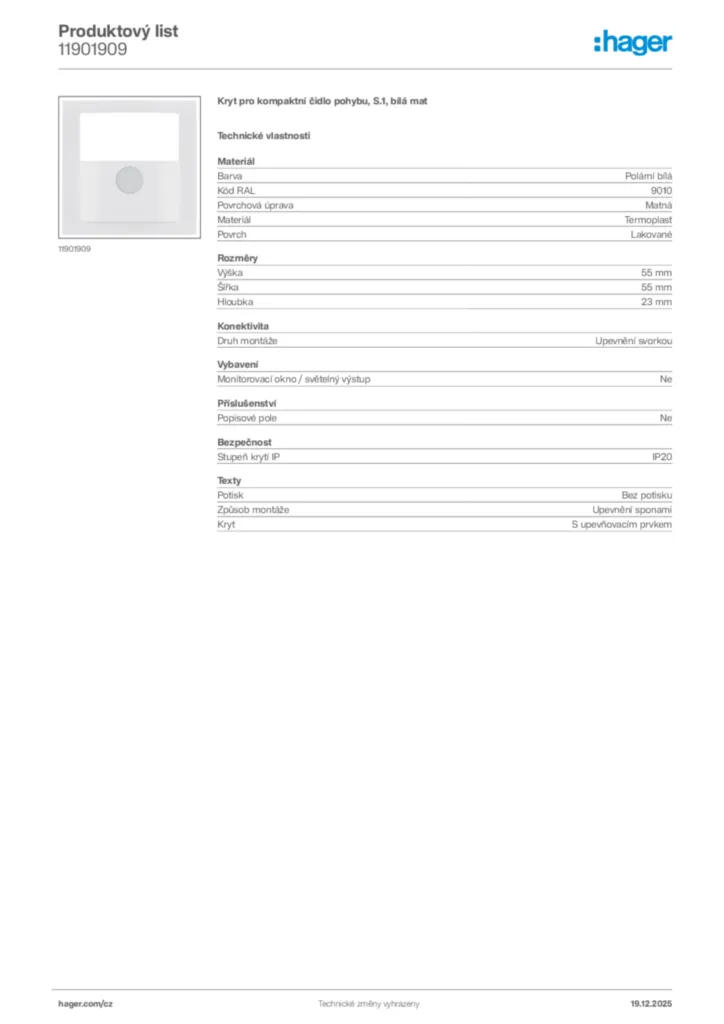 Obrázek Hager Product data sheet 11901909 | Hager