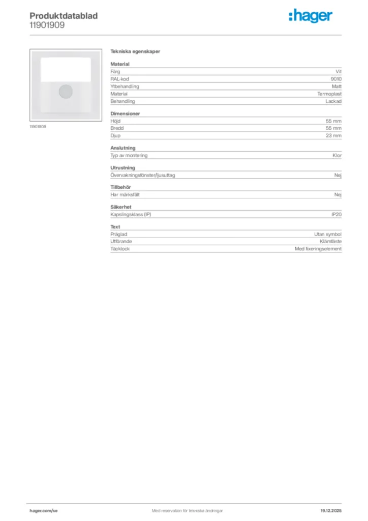 Bild Hager Produktdatablad 11901909 | Hager Sverige