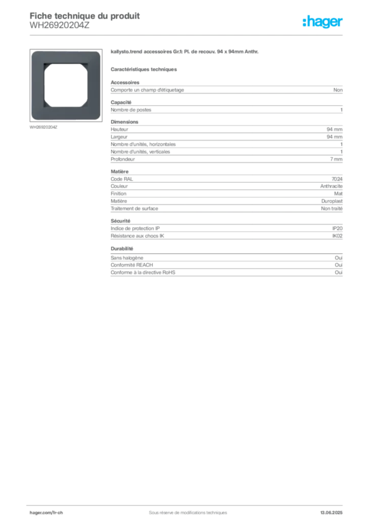 Image Hager Fiche technique du produit WH26920204Z | Hager Suisse