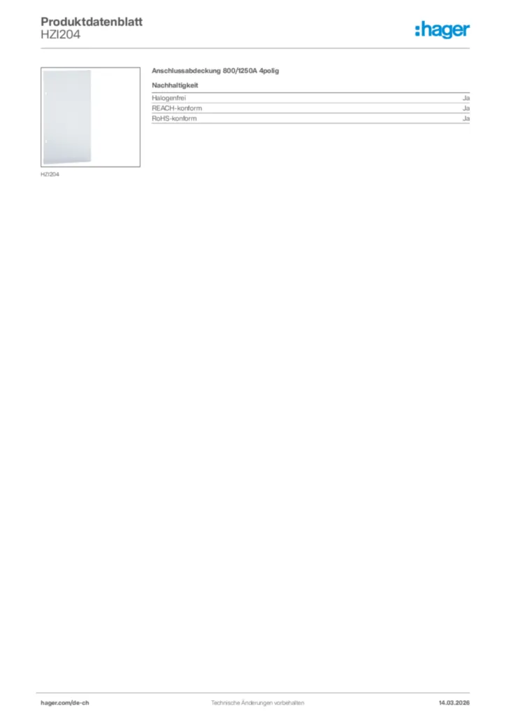 Bild Hager Produktdatenblatt HZI204 | Hager Schweiz