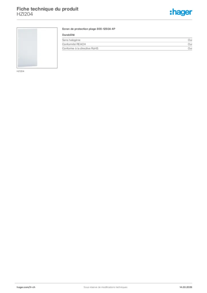 Image Hager Fiche technique du produit HZI204 | Hager Suisse